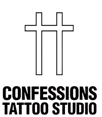 Confessions Tattoo Studio logo featuring two crosses with the studio name underneath