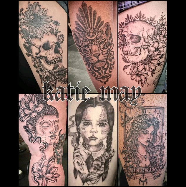 Six tattoo pieces including two skulls with flowers, Wednesday character, tarot card with flowing hair, Buddha, and lion, all in black dotwork and clean line style