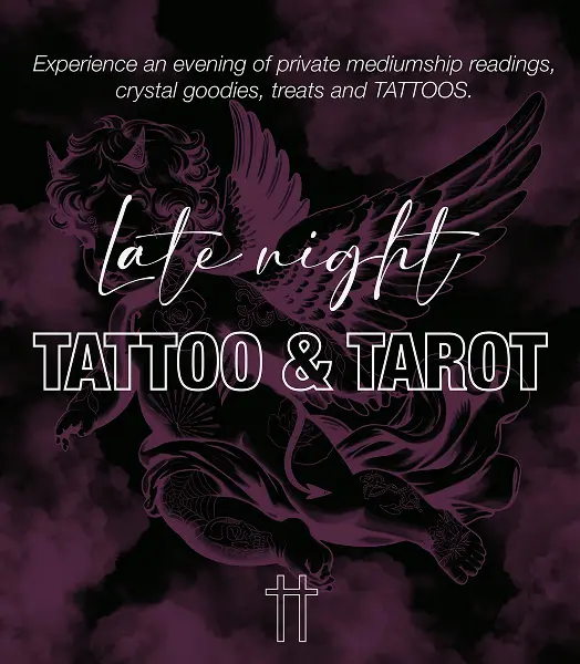 Poster for monthly tattoo and tarot night featuring cherub imagery