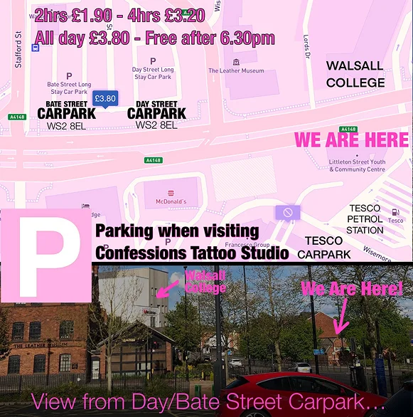 Poster showing local Tesco car park rates, location next to Walsall College, and small overlaid map in pink