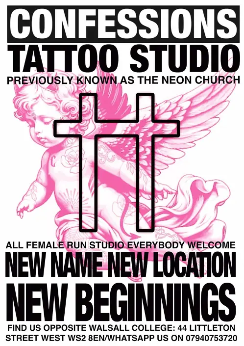 Poster announcing rebrand from Neon Church to Confessions Tattoo Studio with address and branding imagery of cross and cherub