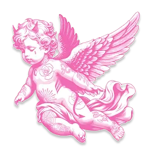 Ornamental tattoo of a tattooed cherub, fitting the celestial theme