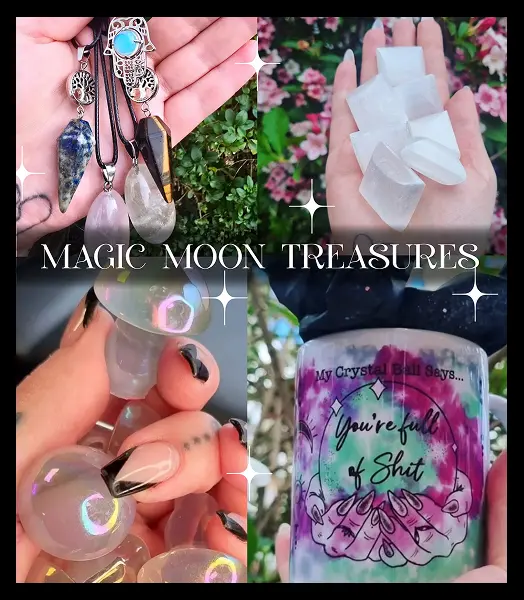 Shop poster with images of crystals, mushrooms, necklaces with feathers and stones, and a mug saying "My crystal ball said you're full of shhh"